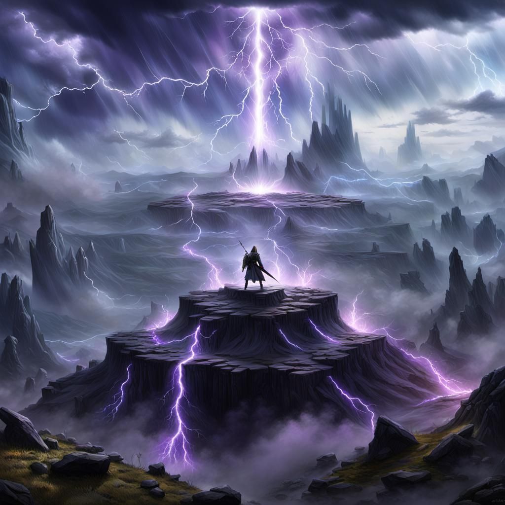 Epic Battlefield Scene with Purple Lightning