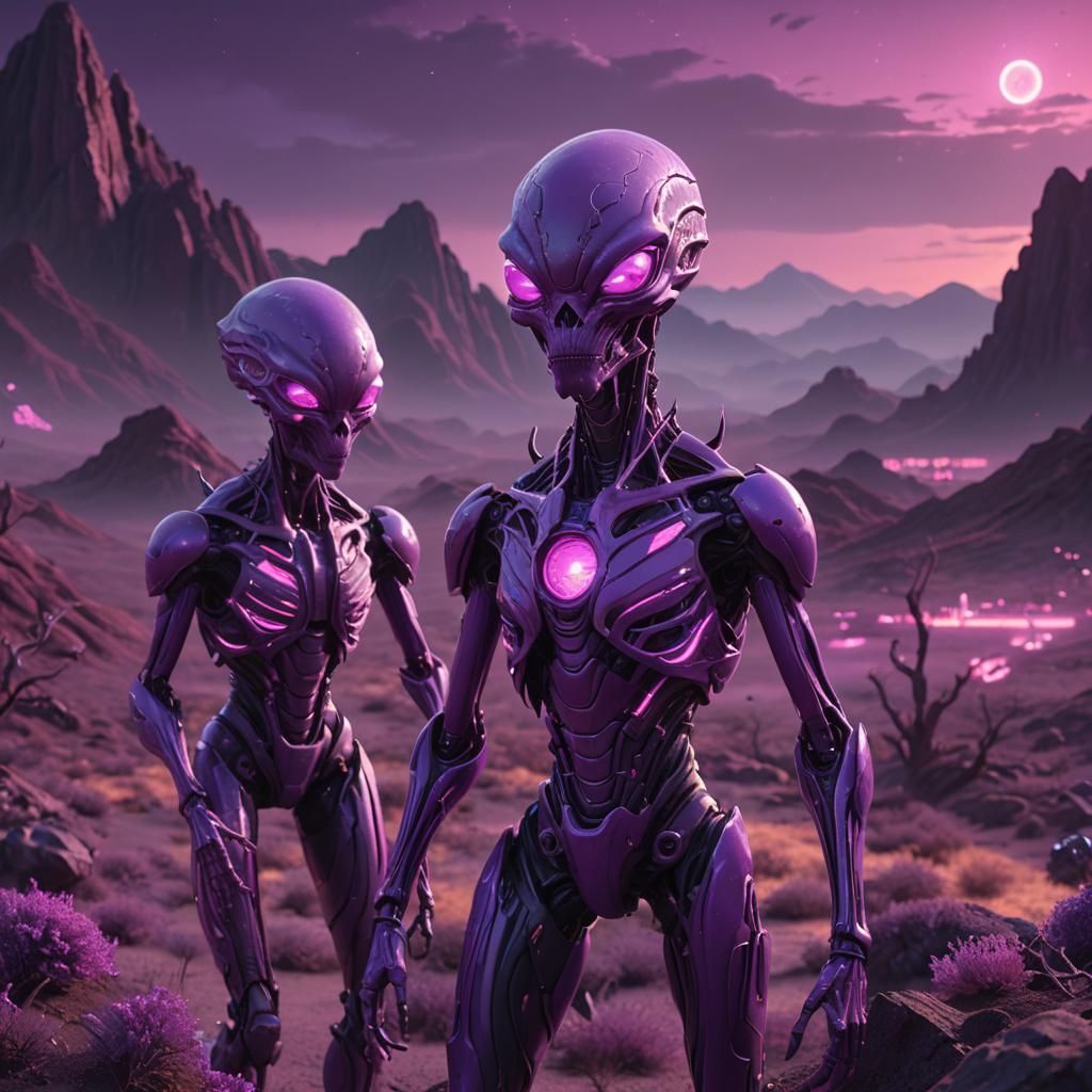 A Hyperrealistic 3D render of a purple neon scary alien world, oozing with shades of neon purple primordial alien lifefo...