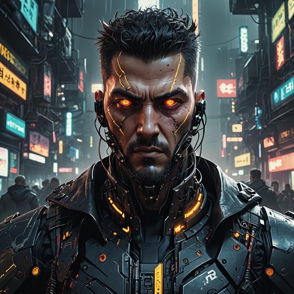 Evil Cyberpunk Cyborg Portrait with Neon Lights