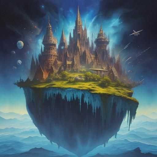 Floating Fantasy Island in Space: Gouache Impressionism