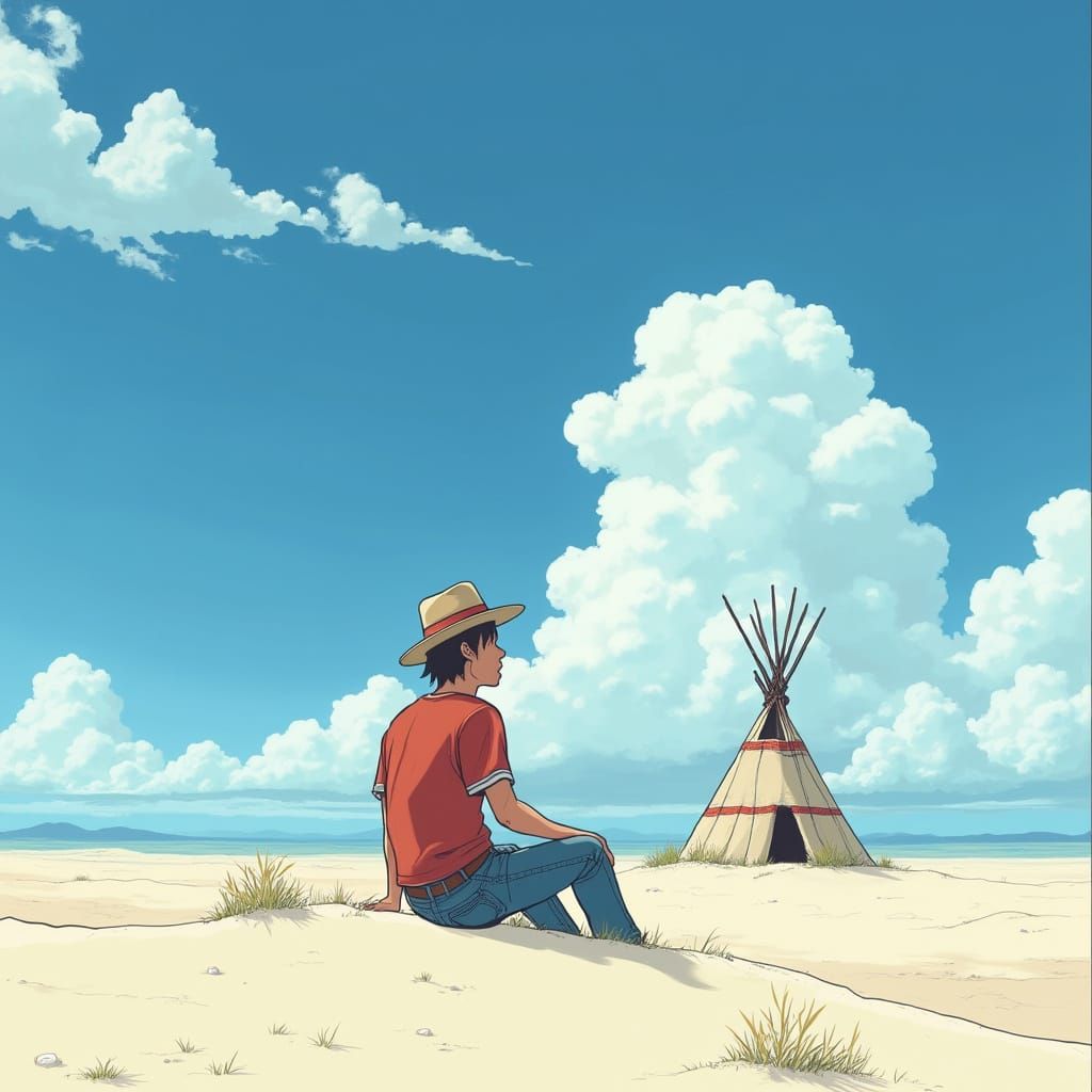 Man Contemplating Desert Landscape in Whimsical Studio Ghibl...