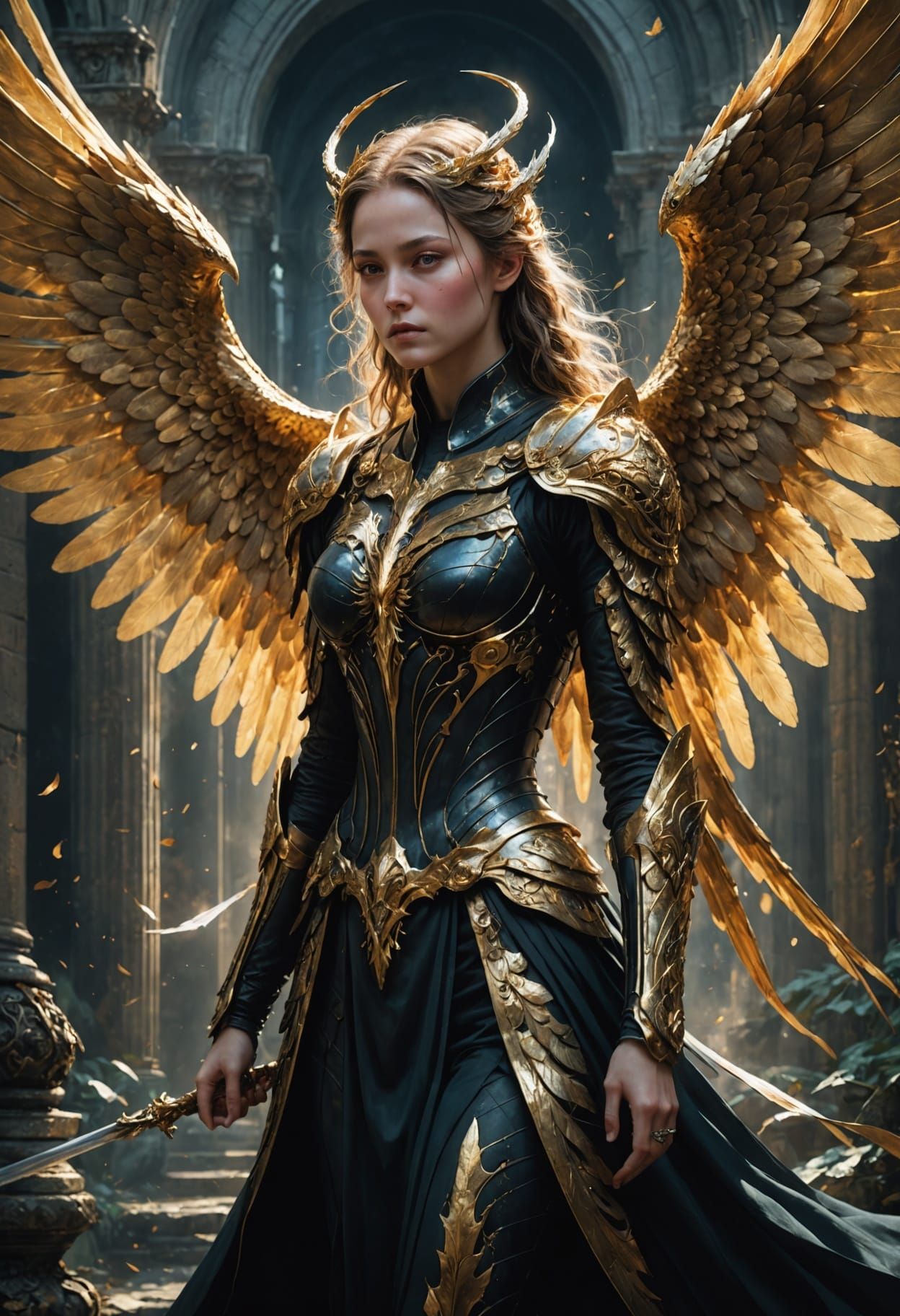 Majestic Dark Fantasy Angel in Golden Light