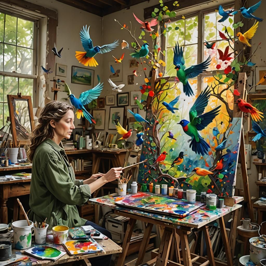 Artist's Studio: Trees Emerge from Canvas, Miyazaki Style