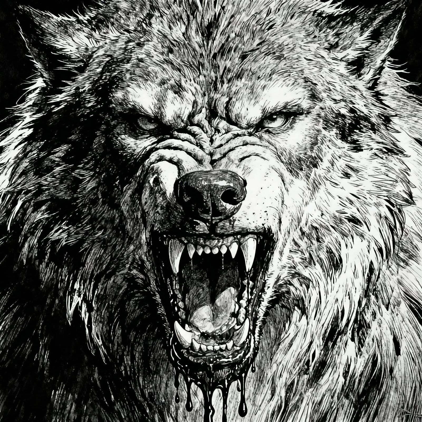 Black and White Sketch of a Ferocious Werewolf Face