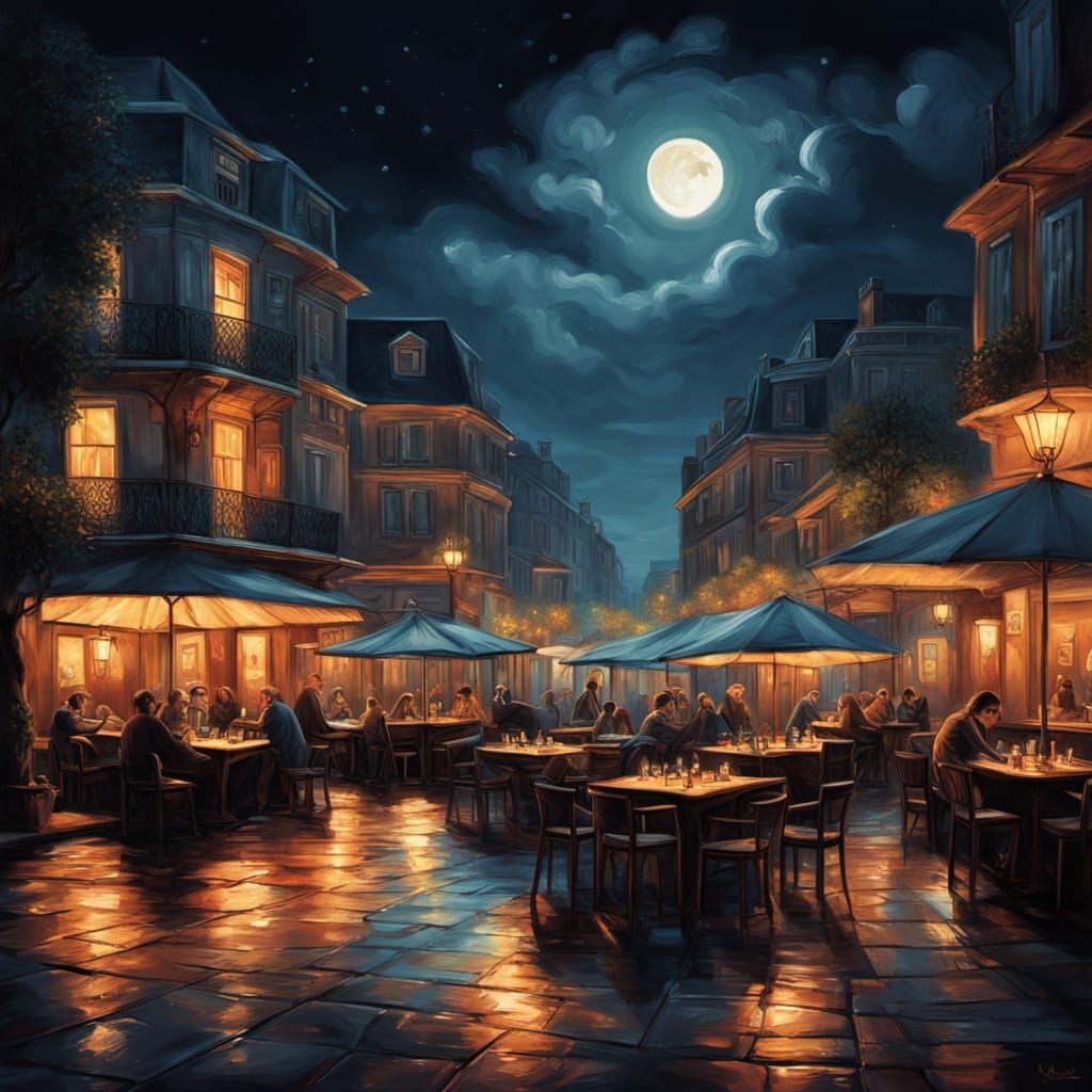 Vibrant Oil Painting of a Lively Seaside Boulevard at Night