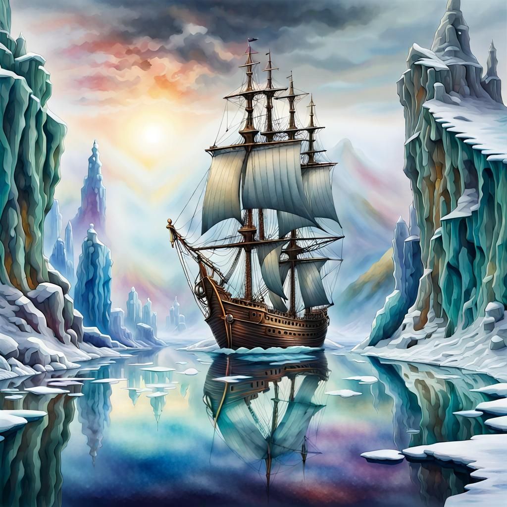 Ship Emerges from Ice in Fantasy Landscape