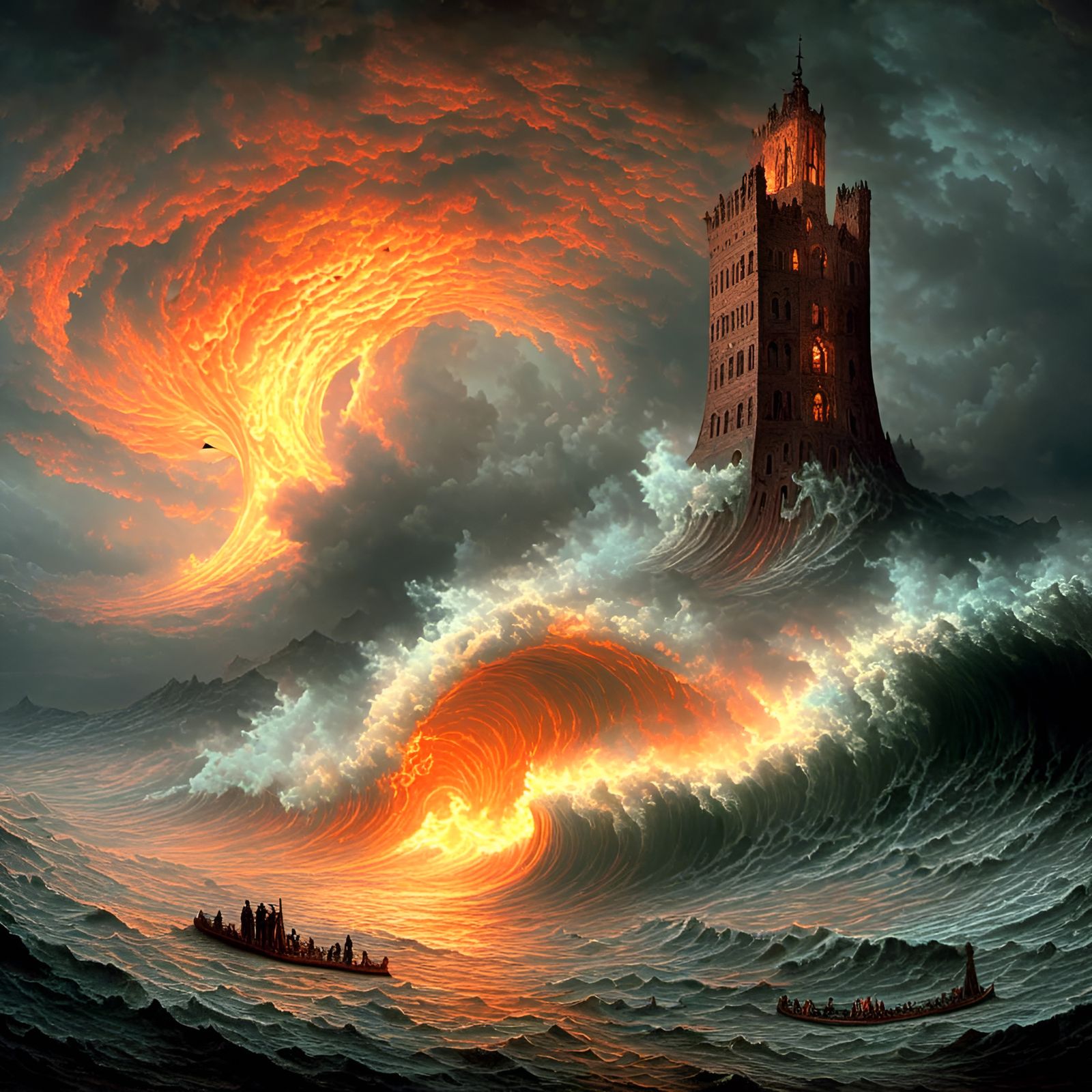 Tower Ablaze: Wave Collision in Romantic Style