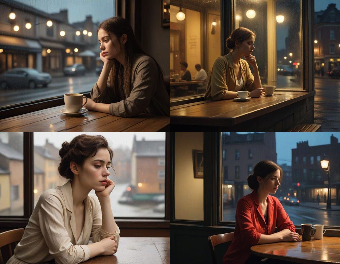 Woman Lost in Thought at a Rainy Night Coffee Shop
