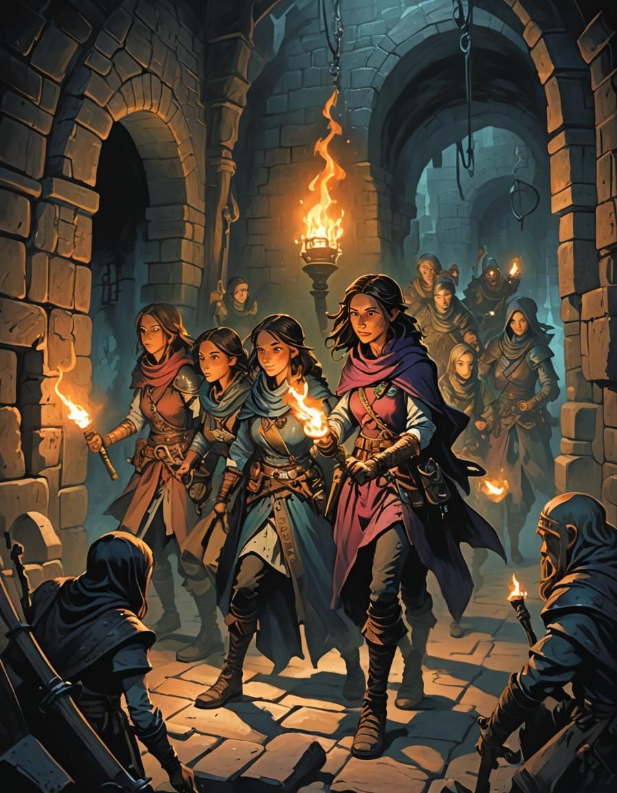 Female Adventuring Party Exploring a Dark Dungeon