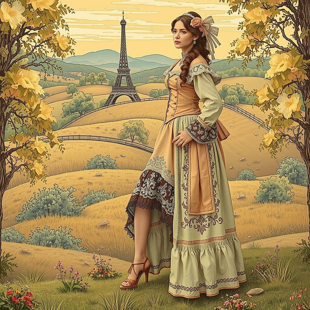 French Countryside Scene with Antique Figure