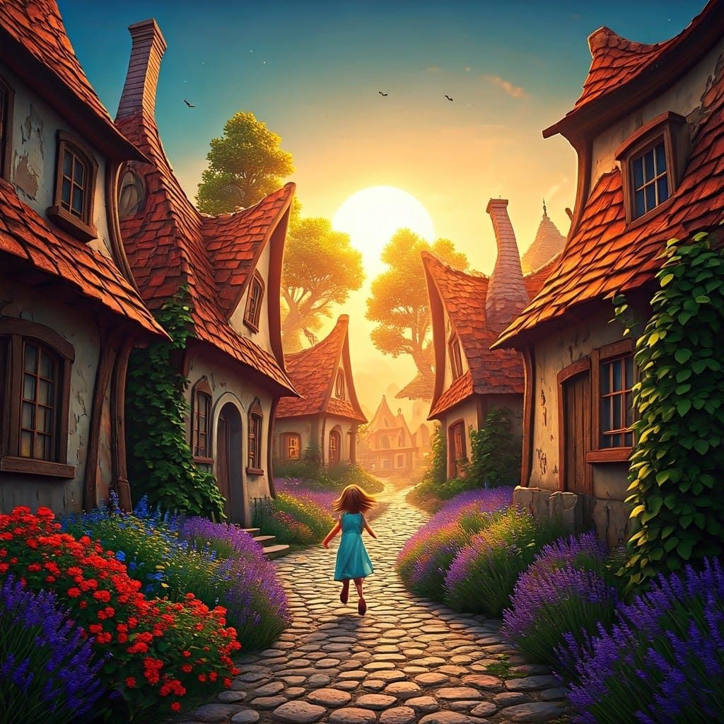 Fairytale Village with Girl at Sunset