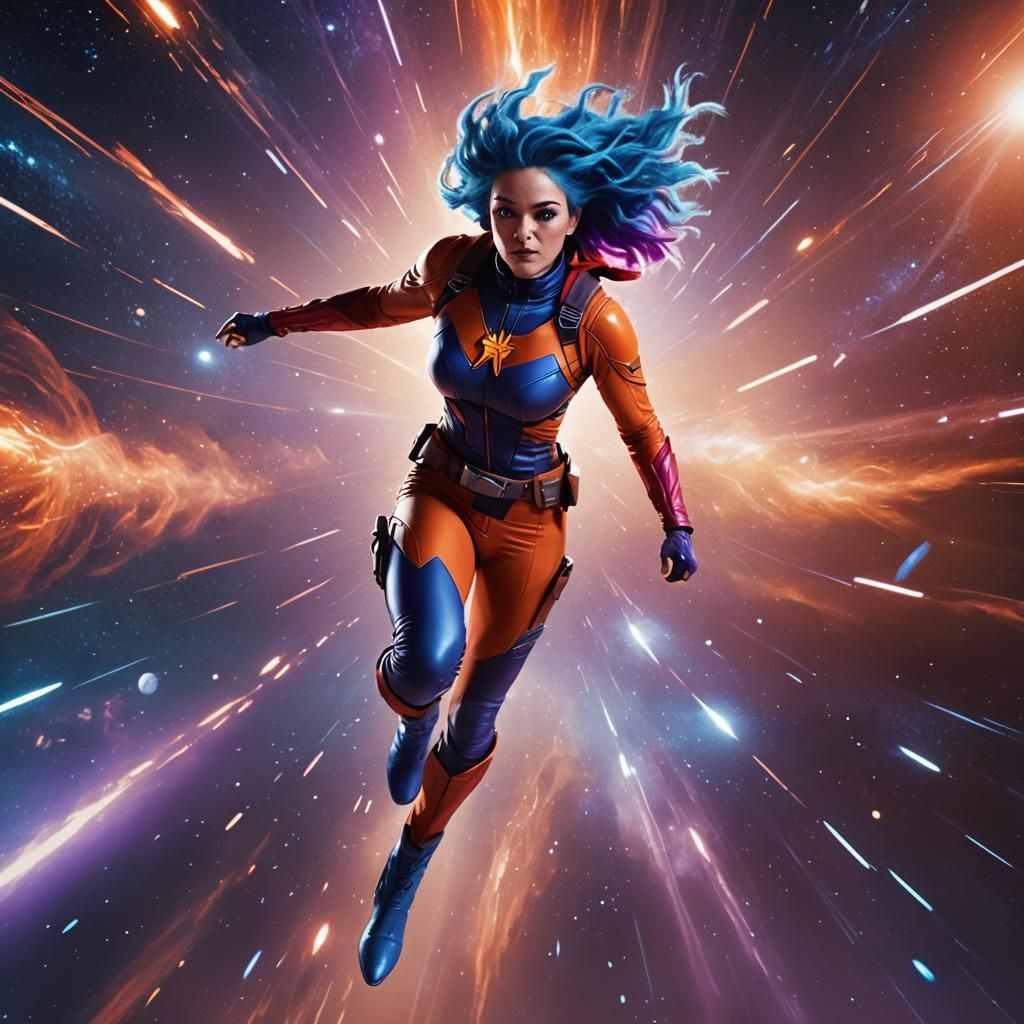 Blue-Haired Superhero Flies Through Space in Fantasy Art