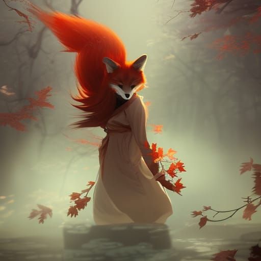 Japanese Fox Spirit Chasing Autumn Leaves