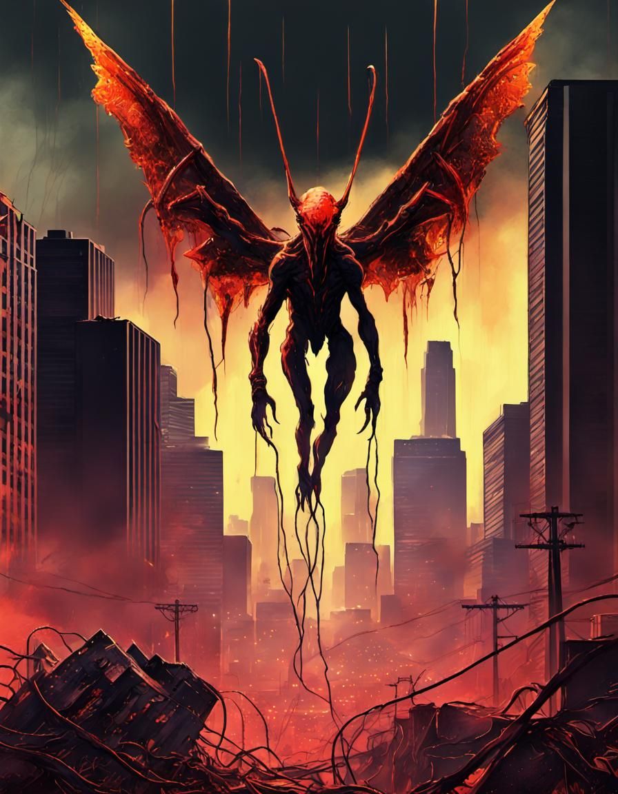 Attack flight,alien beast other worldly (rusted+midnight:1.3)toned+(parasitic:1.5) +barbed wire winged;over downtown Los...