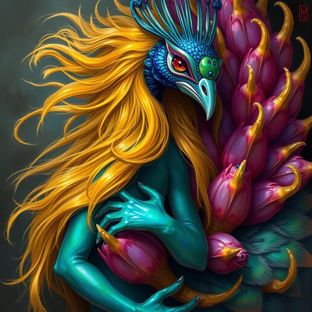 Exotic Peacock Creature with Dragon Feathers