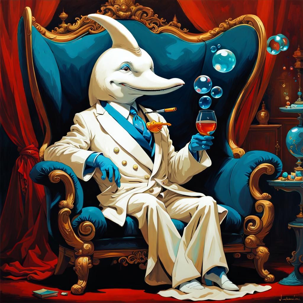 Distinguished Dolphin Smoking Pipe: Whimsical Ink Painting