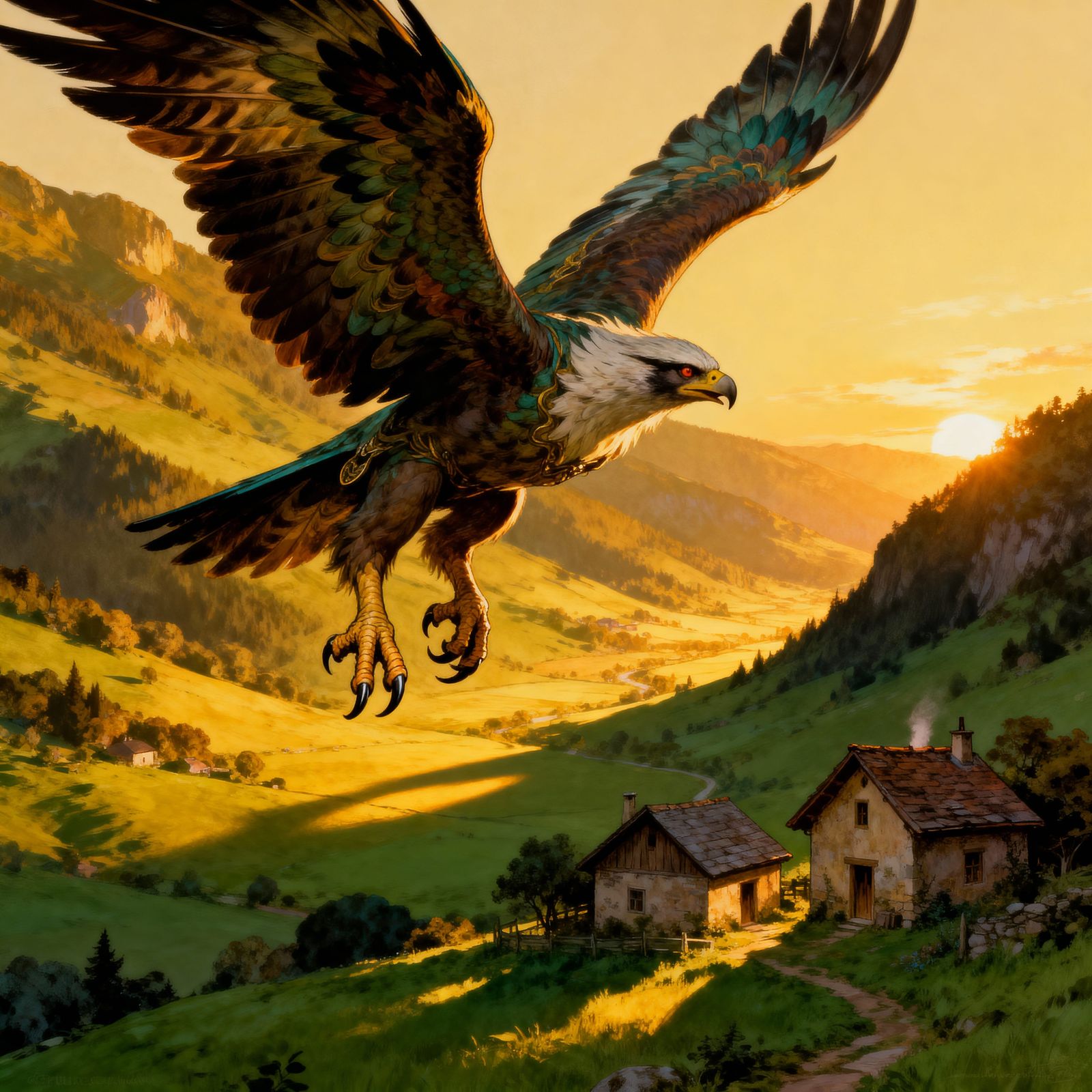 Harpy Eagle Soars Over Hamlet in Golden Hour