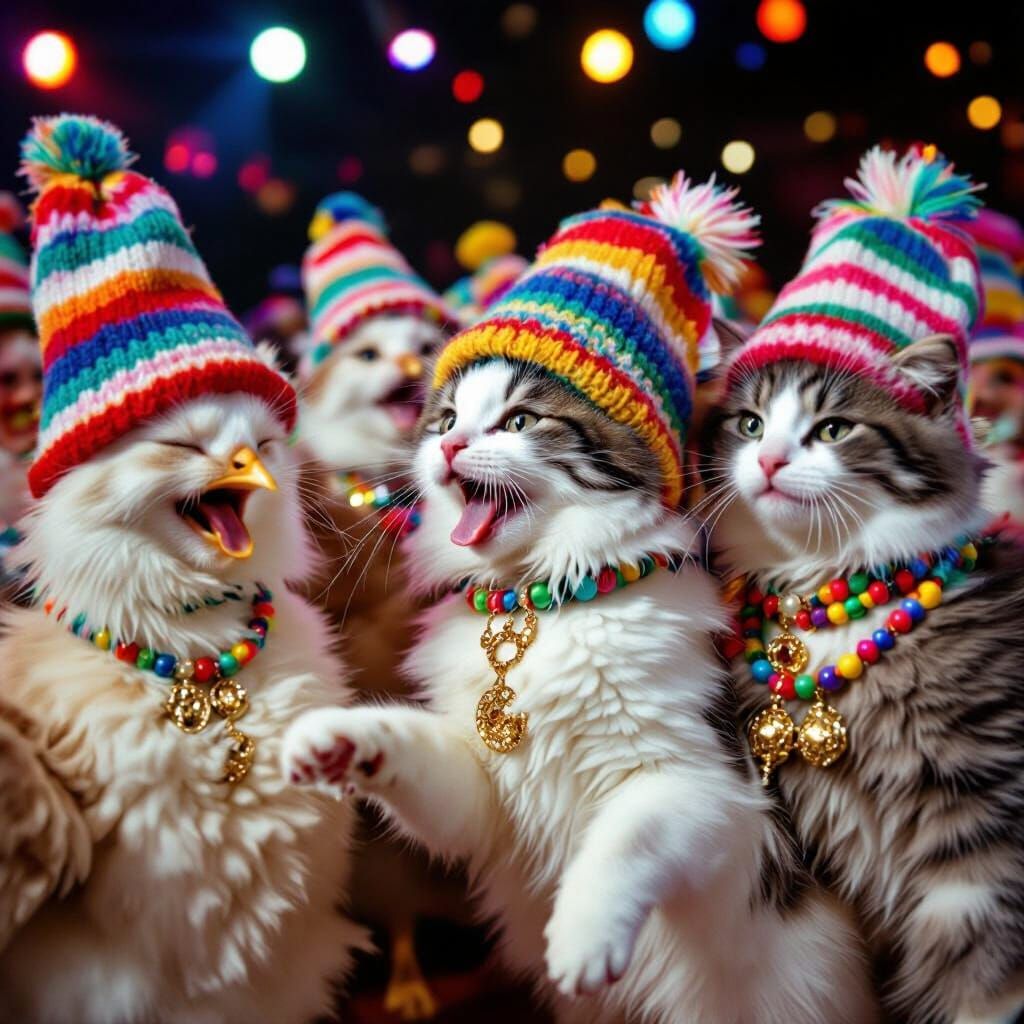 Disco Chickens and Kittens in a Cinematic Film Still