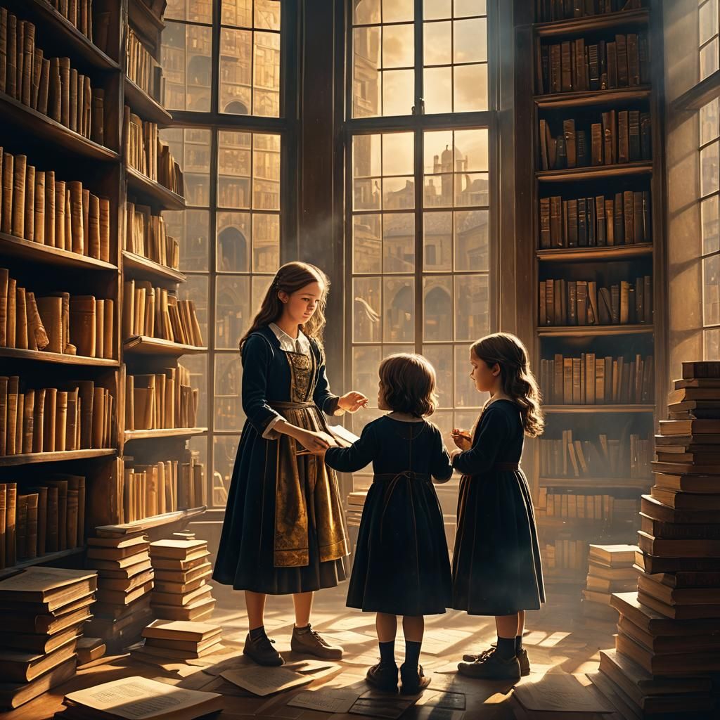 Renaissance-Style Library Scene with Children Learning