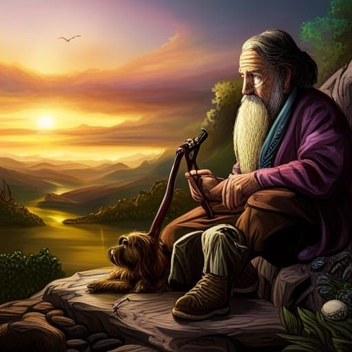 Pensive Old Man and Dog at Sunset