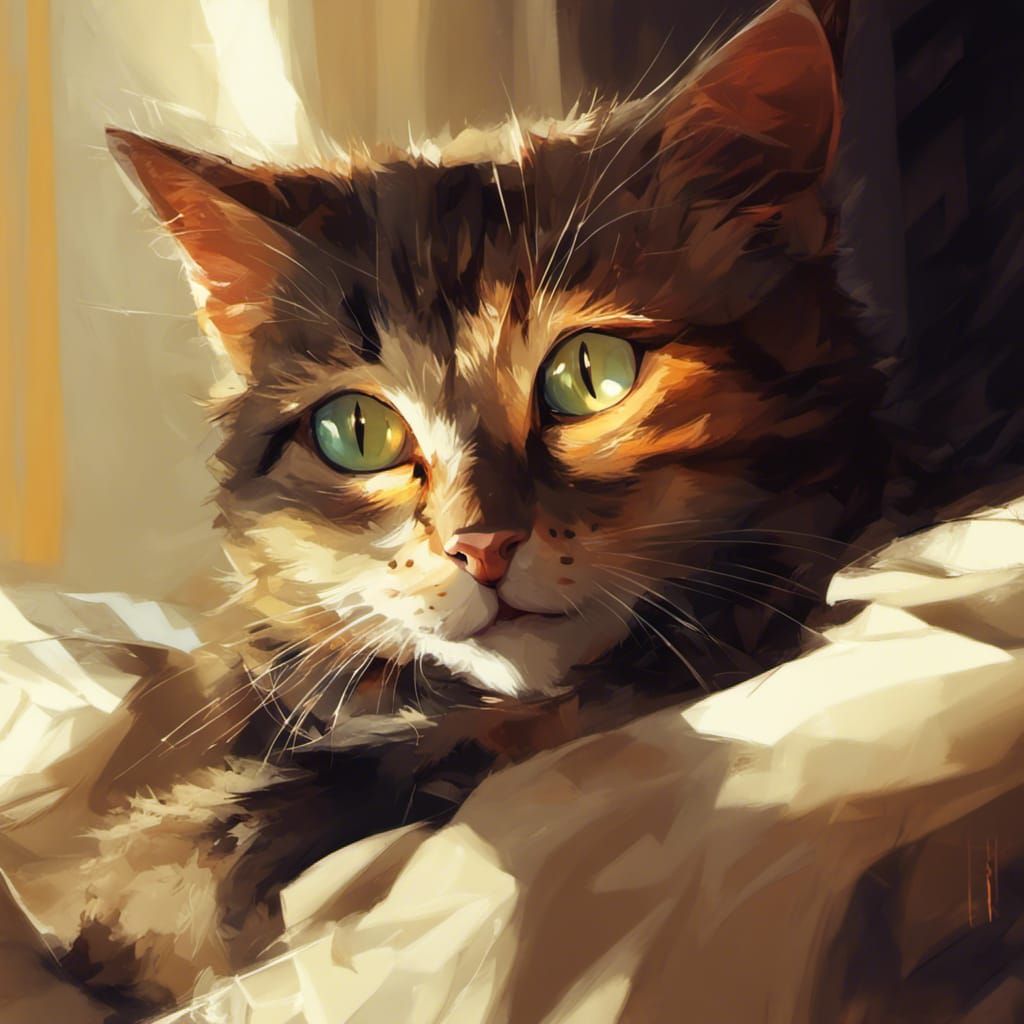 Adorable Cat in Sunbeams: Digital Painting