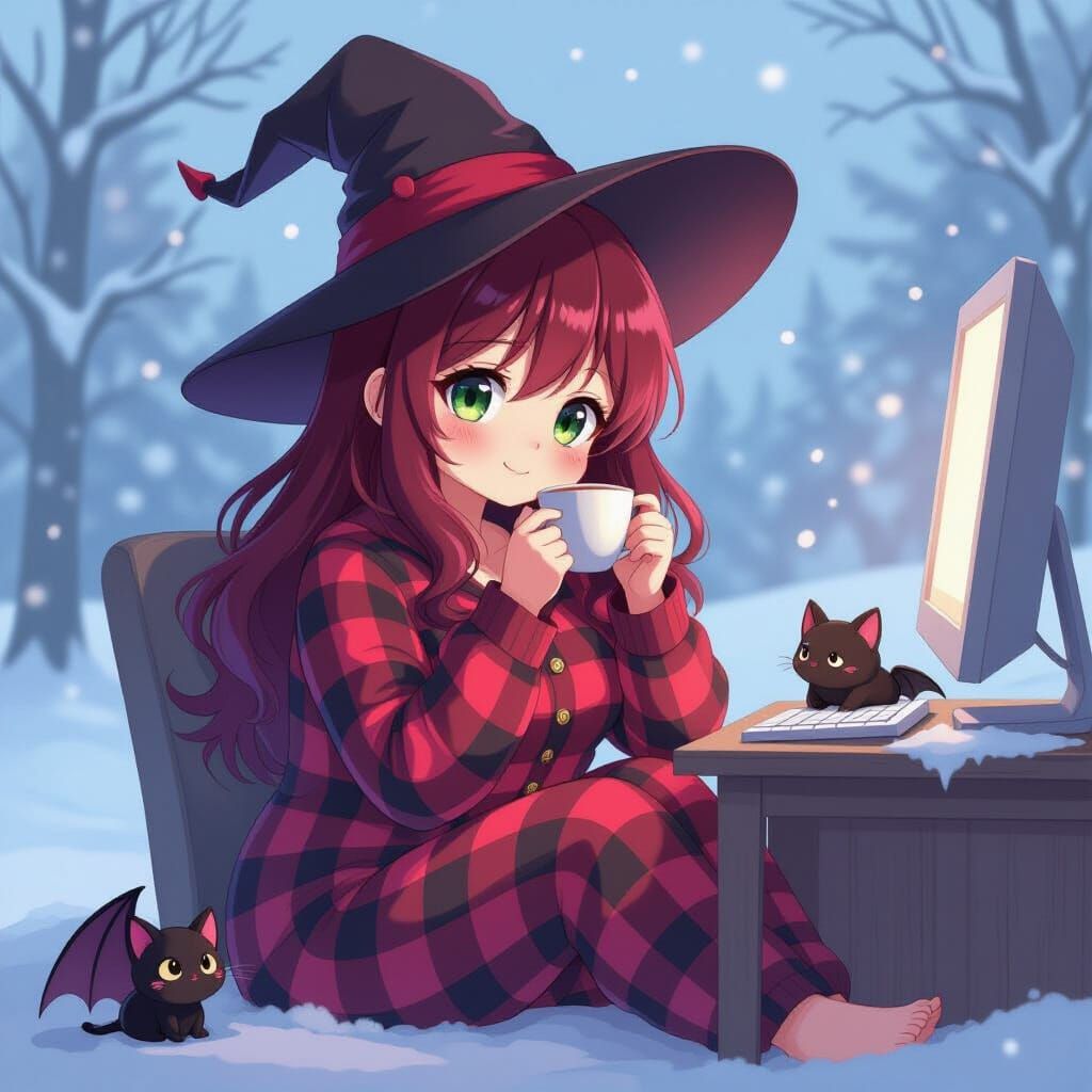 Anime Woman in Pajamas with Witch Hat Sipping Tea