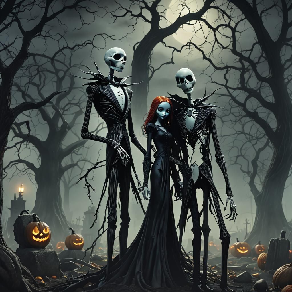 Jack and Sally in Eerie Graveyard: Dark Fantasy Art