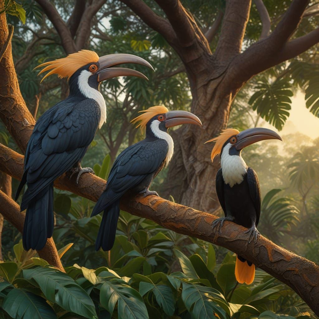 Hornbills Perch in Tropical Grove Digital Painting