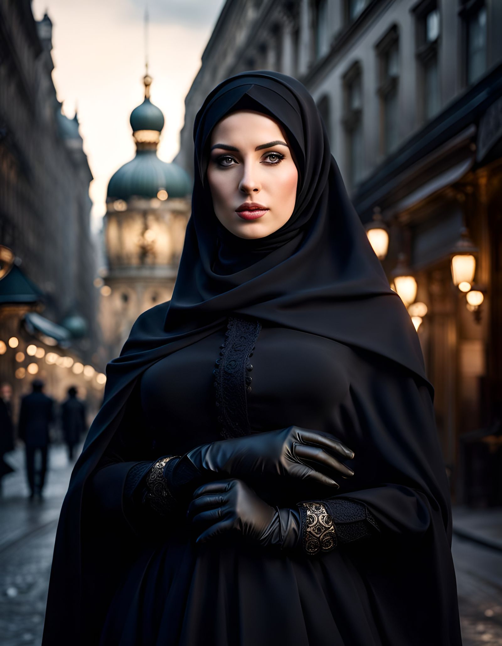 Victorian Woman with Hijab in Cityscape
