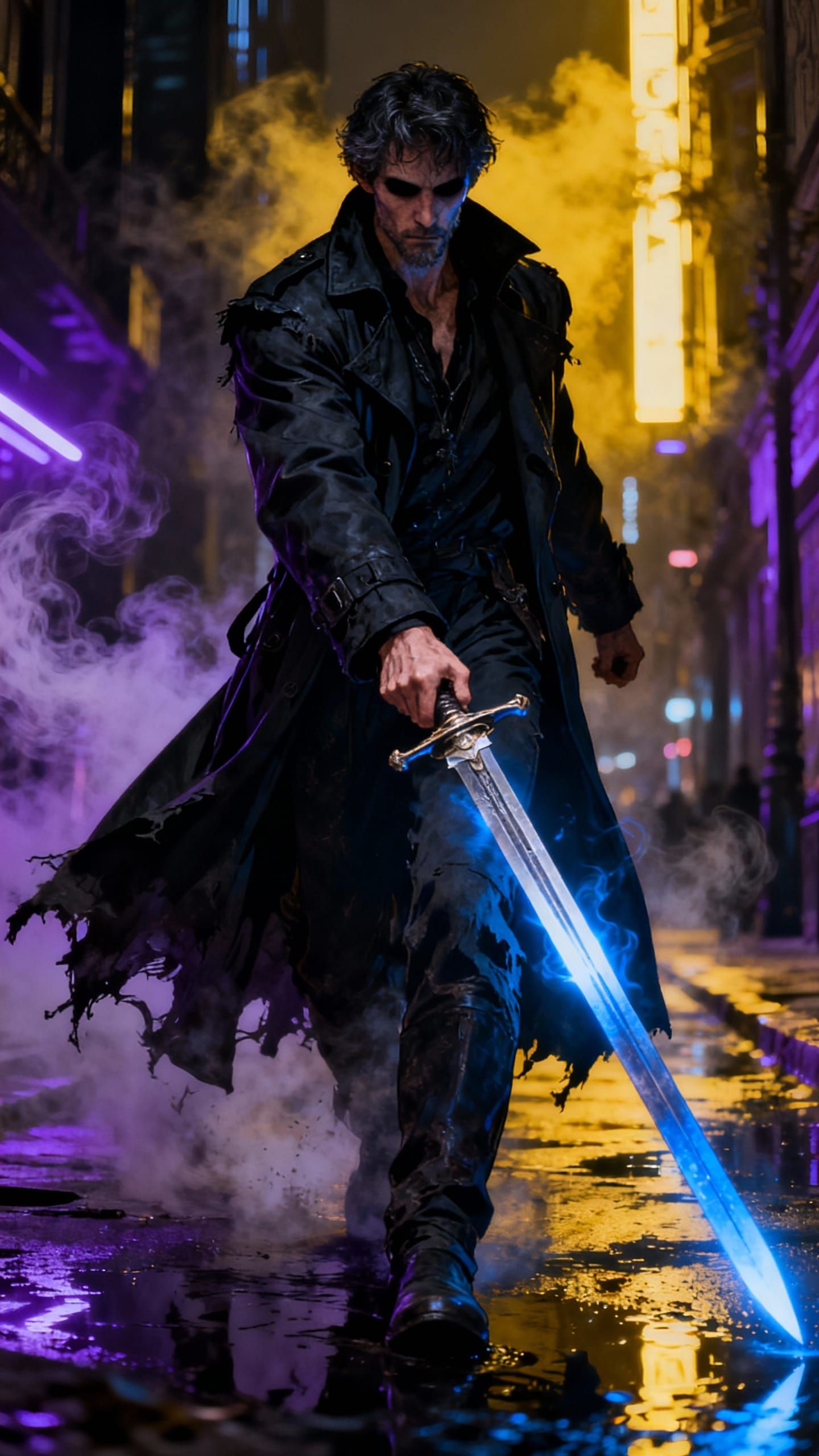 Urban Fantasy Warrior with Glowing Sword in Neon City