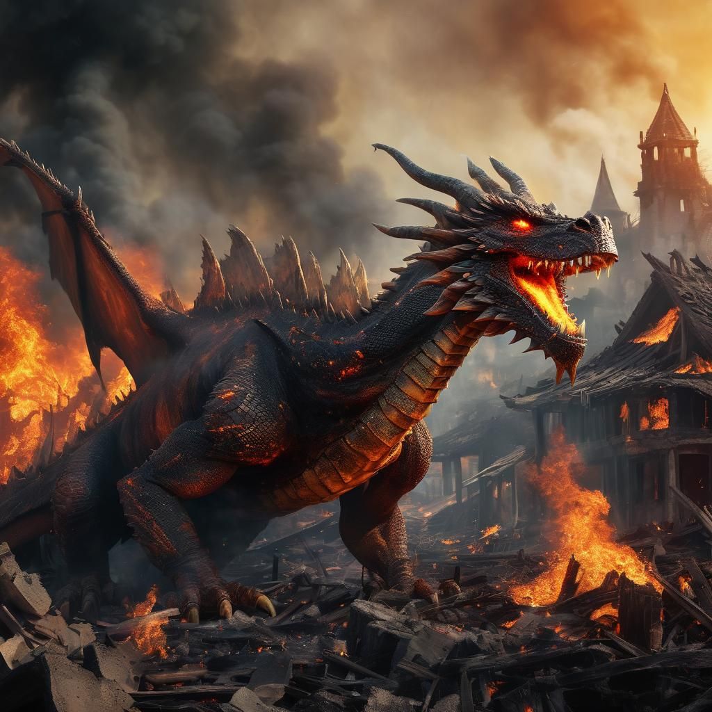 Vicious Fire Dragon Amidst Burning Village
