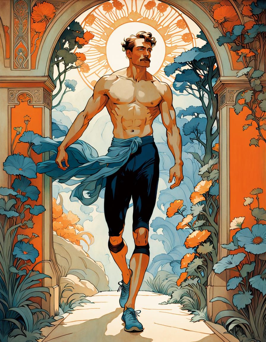 Chiseled Athlete Embracing Art Nouveau Elegance