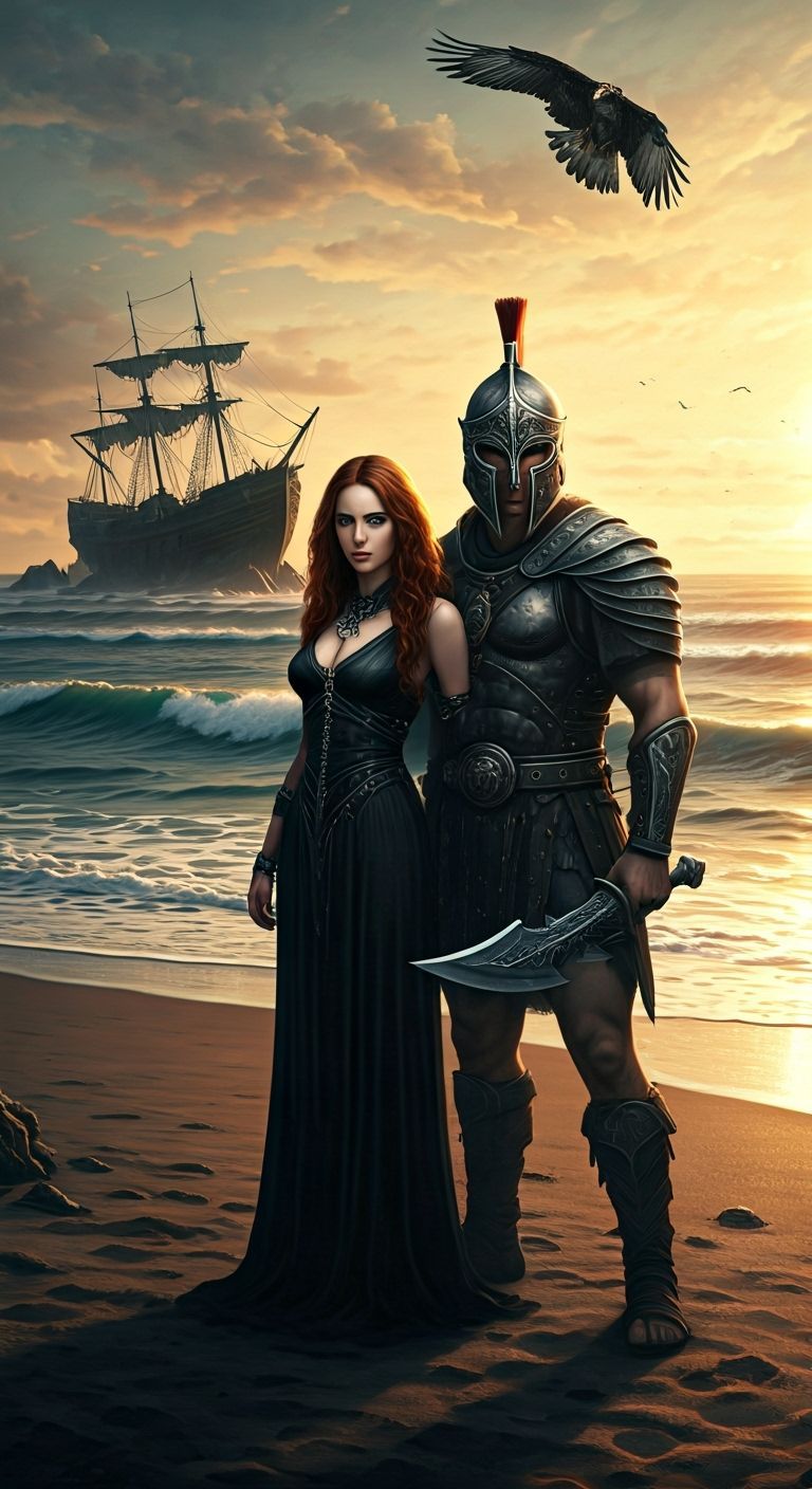 Sorceress and Eagle Warrior at Sunset