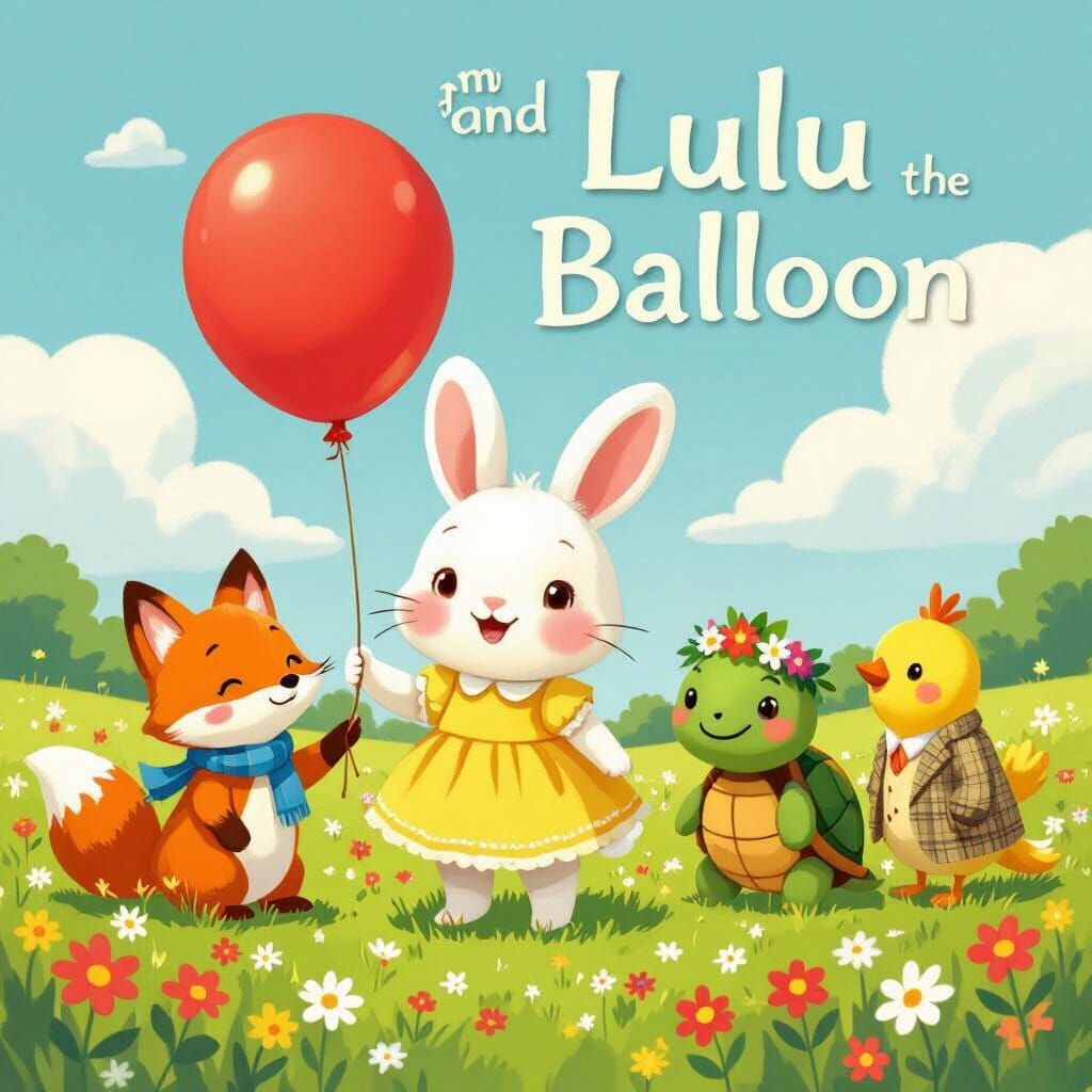 Bunny with Balloon and Friends in Sunny Meadow