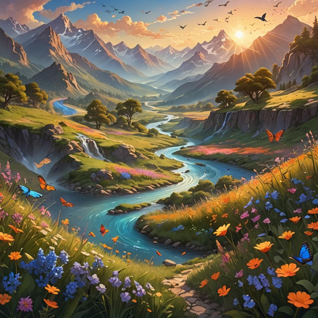 Lush Mountain River Valley in Fantasy Style