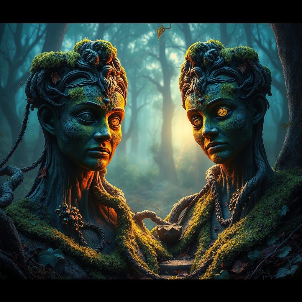 Ancient statues half-buried under moss and vines