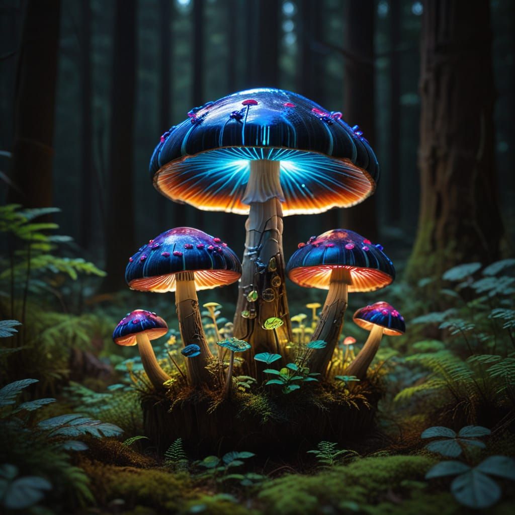 Vibrant Velvetglass Mushrooms in a Whimsical Forest