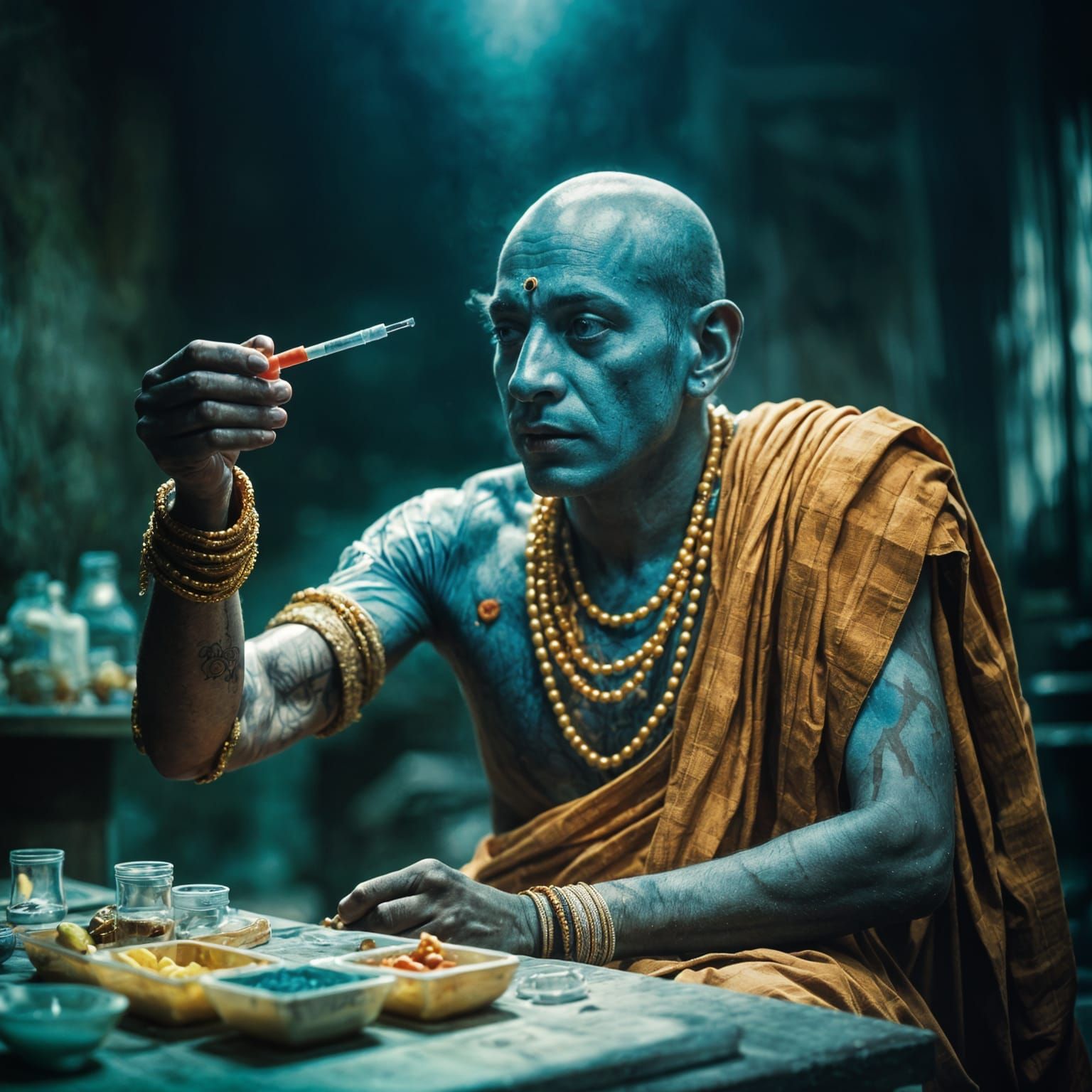 Dramatic Cinematic Still of Hare Krishna Injection