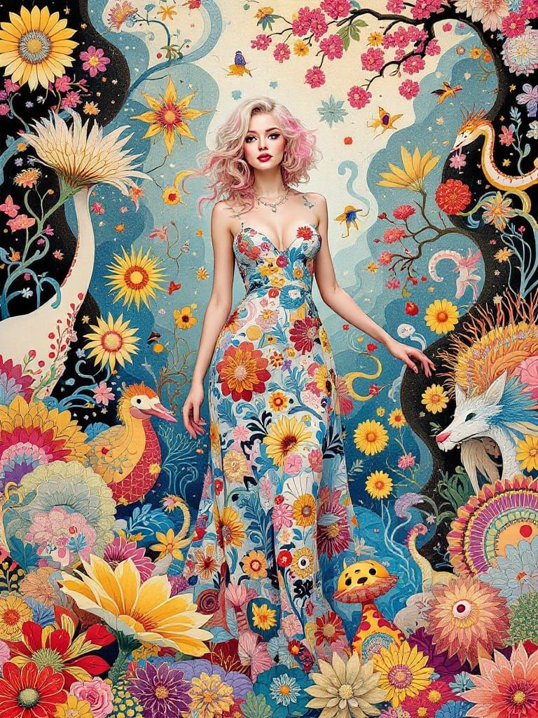 Ethereal Woman in Bloom: Amano & Murakami Fusion