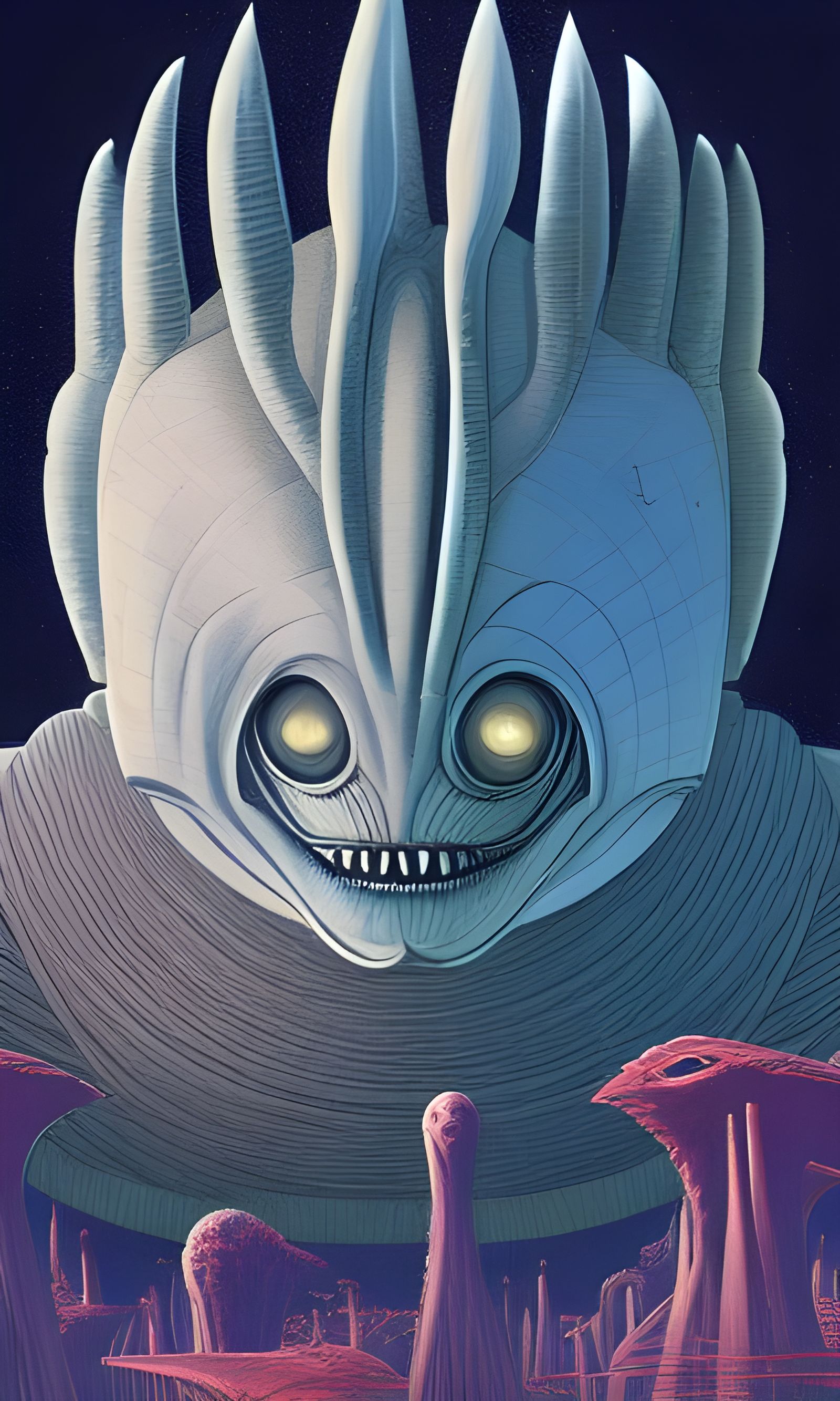 Colorful Alien King in Romantic Brutalist Landscape