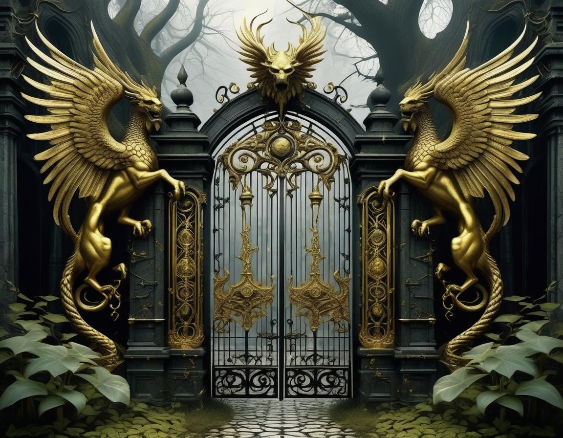 Griffins Guarding Golden Gates in Gloomy Garden