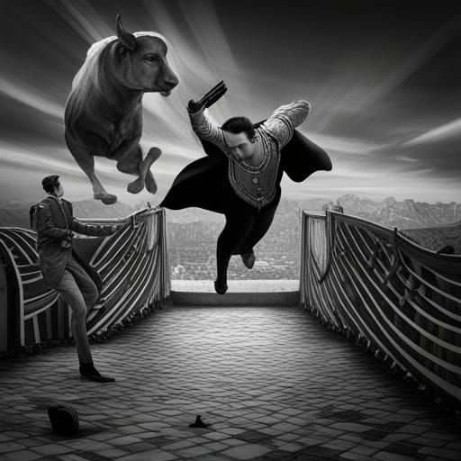Surreal Bullfight: Matador in Escher Chamber, Dali Style