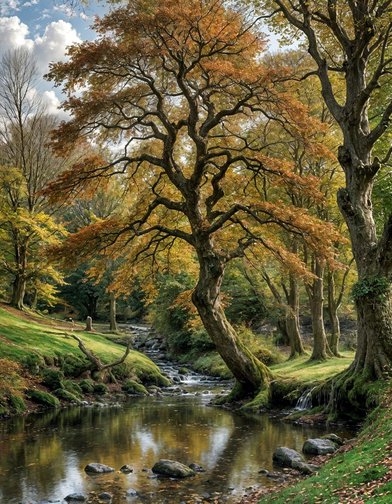 Copper Beech Tree by Stream, Classical Landscape