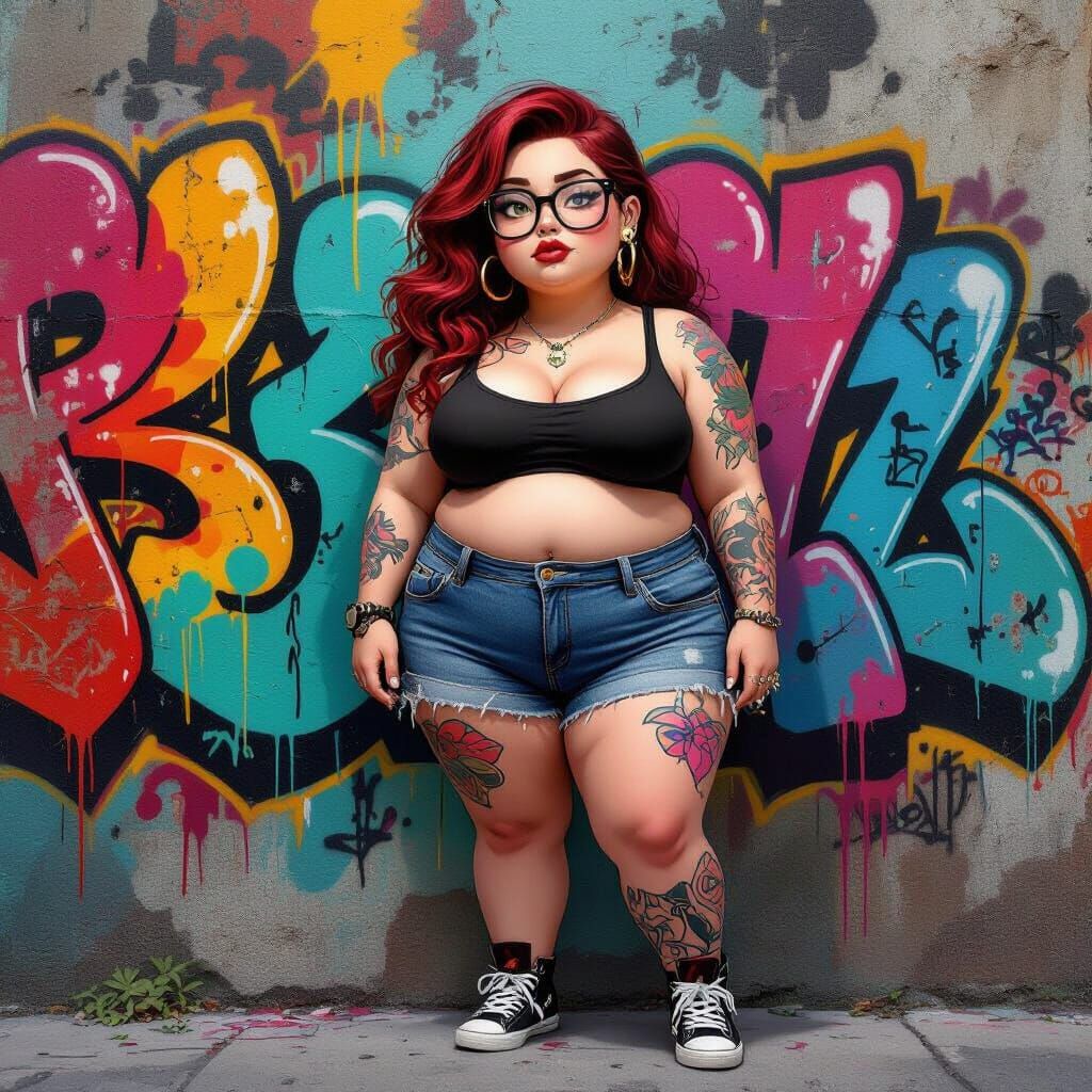 Curvy Woman with Red Hair and Piercings by Graffiti Wall