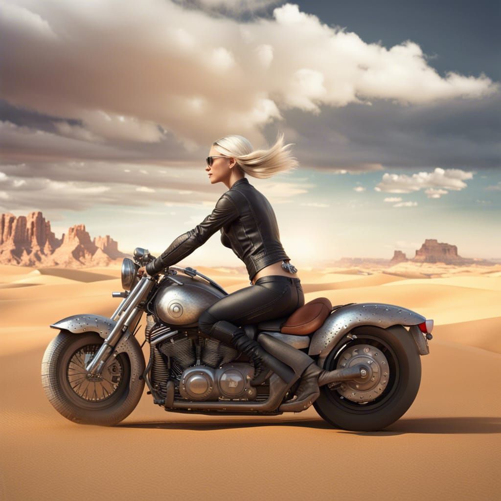 Woman on 3D Motorcycle Rides Desert Highway