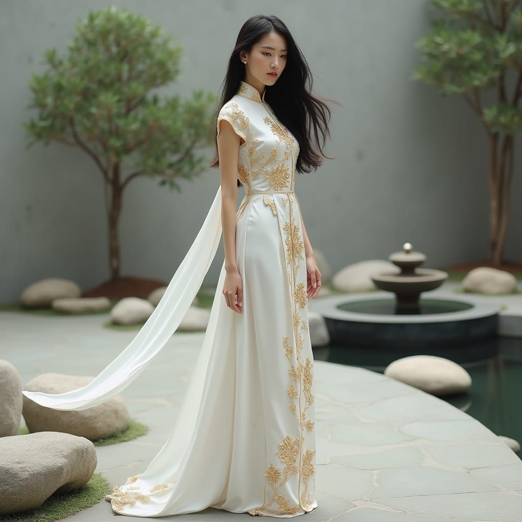 Vietnamese Woman in Ao Dai in Zen Garden