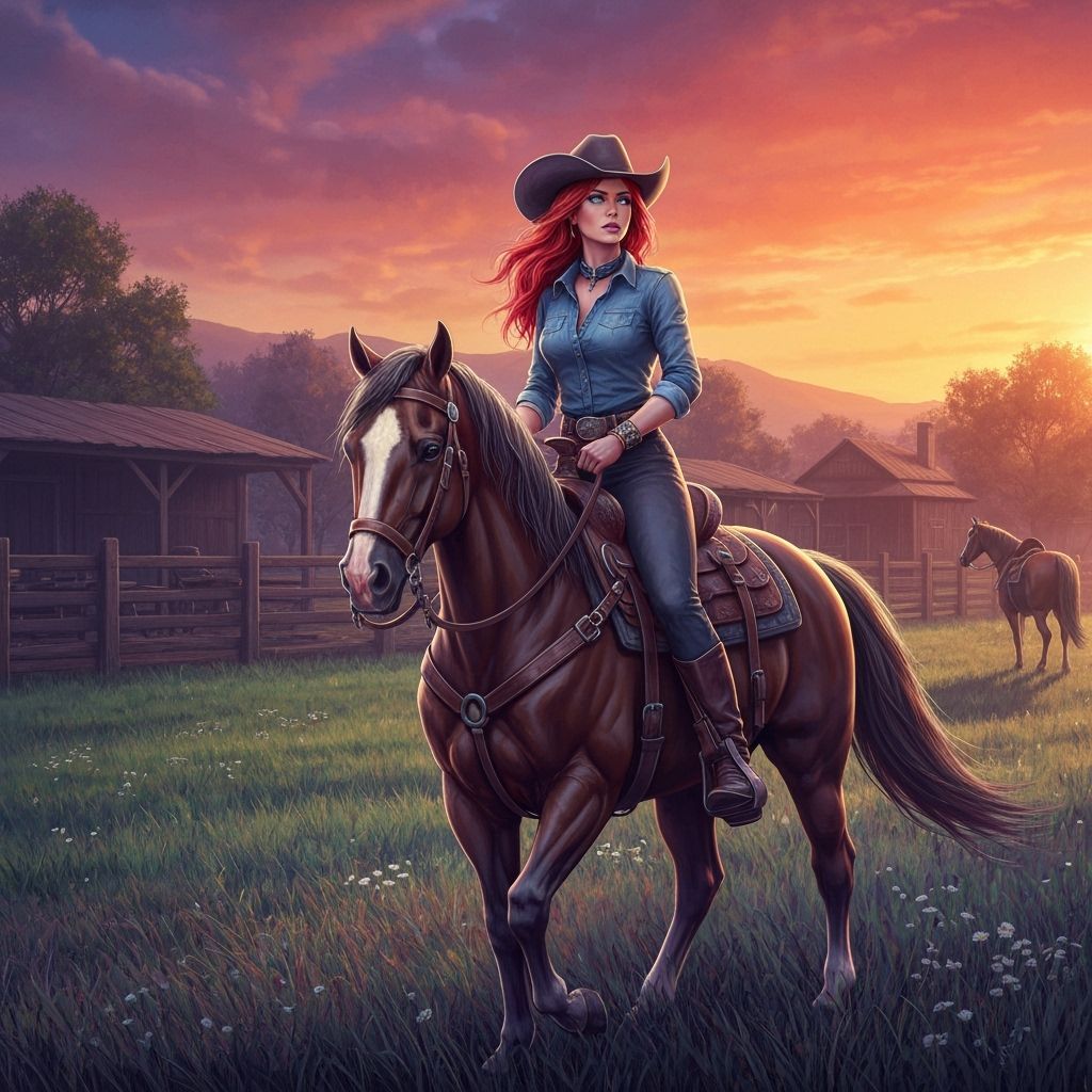 Cowgirl Rides Horse At Sunset Ranch in Fantasy Art Style