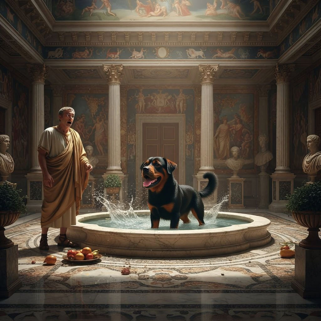 Dog in Roman Atrium's Water Pool