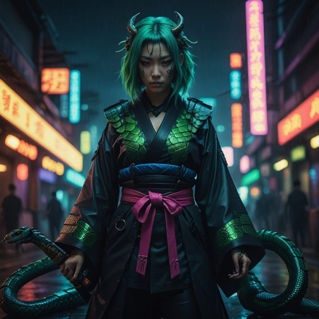 Glowing Green Haired Samurai Maiden in Pacifica Cyberpunk