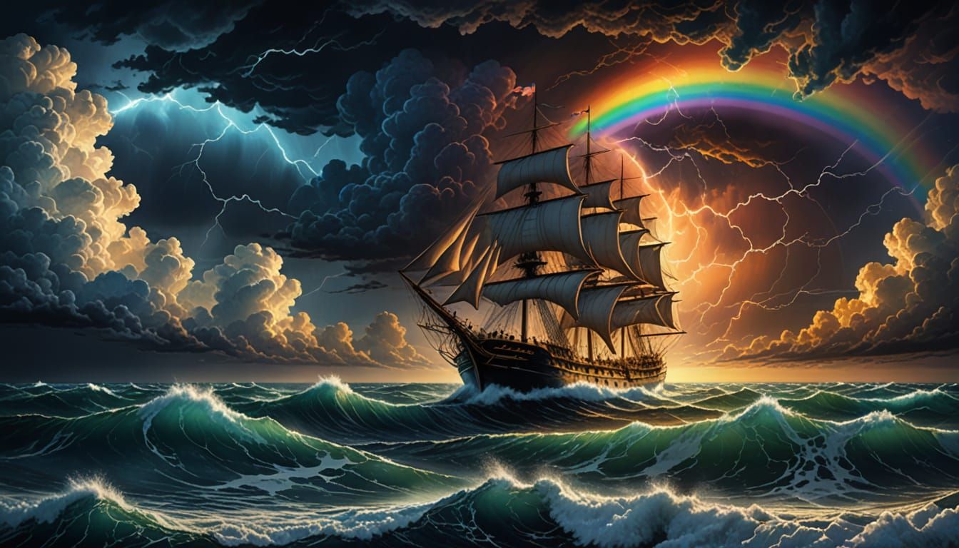 Epic Stormy Seascape at Night in Cyberpunk Style